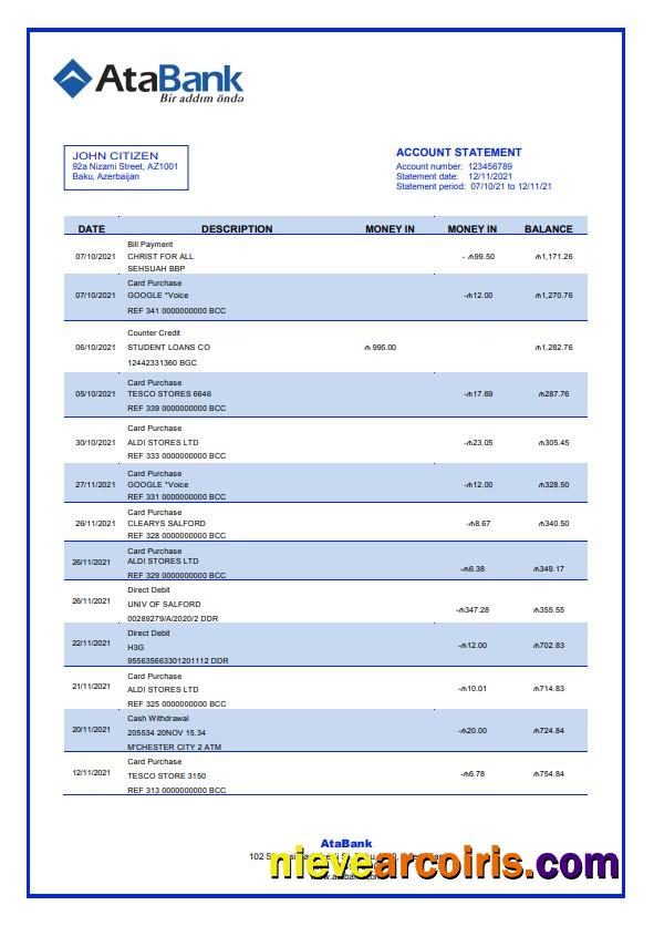 Azerbaijan Atabank bank statement in Word and PDF format